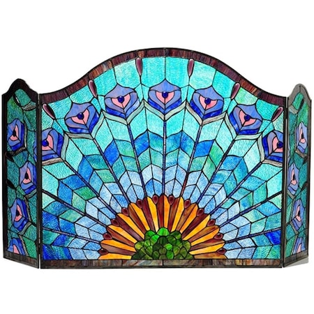 Chloe Lighting 48 In. Lighting Regal Eudora Tiffany Glass 3 Piece Folding Peacock Fireplace Screen, 3Pk CH1F046GP48-GFS